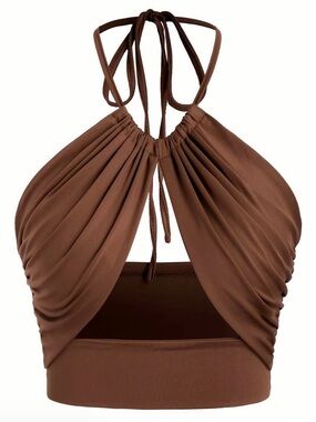 Brown Ruched Halter Crop Top